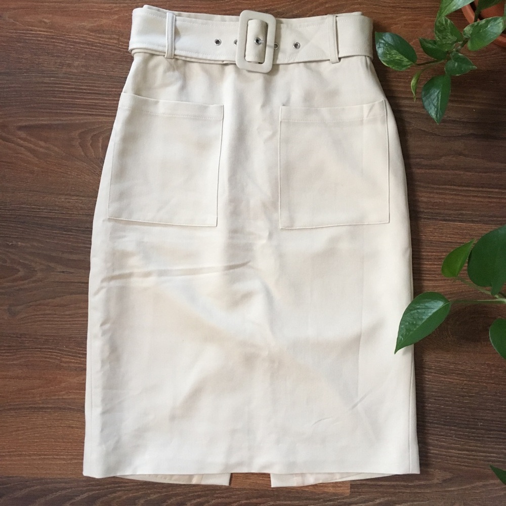 Ivory Belted High Waisted Midi Skirt